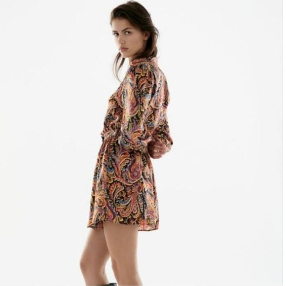 Zara Boho Paisley Mini Dress Long Sleeve Gold Details V Neck Multicolor Size L - Picture 2 of 16